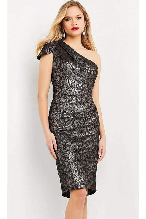 Jovani 06834 - Metallic Jacquard Asymmetric Midi Dress - Prom
