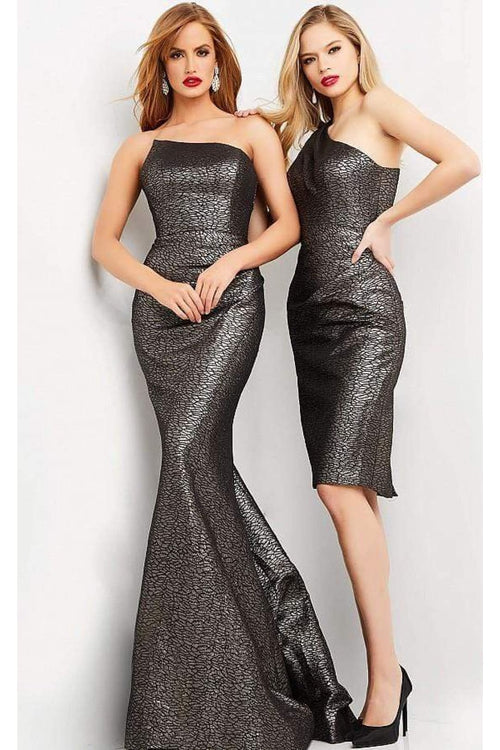 Jovani 06834 - Metallic Jacquard Asymmetric Midi Dress - Prom