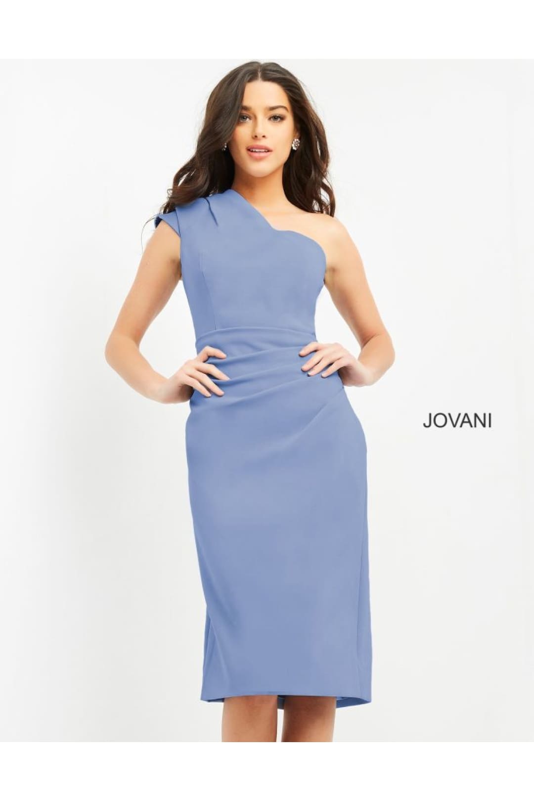 Jovani 06835 - Stylish One-Shoulder Sheath Dress in Knee-Length Crepe - Prom
