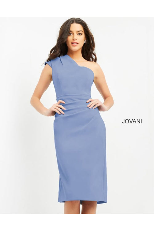 Jovani 06835 - Stylish One-Shoulder Sheath Dress in Knee-Length Crepe - Prom