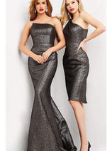 Jovani - 06867 Metallic Jacquard Asymmetric Neck Evening Gown