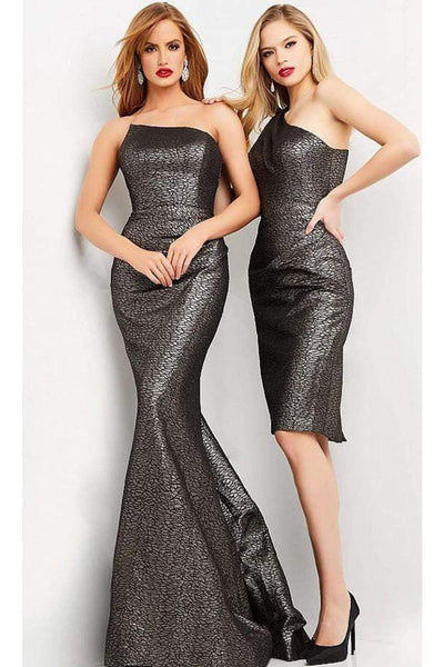 Jovani - 06867 Metallic Jacquard Asymmetric Neck Evening Gown - Prom