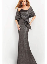 Jovani - 06867 Metallic Jacquard Asymmetric Neck Evening Gown
