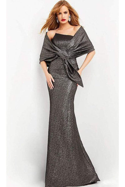 Jovani - 06867 Metallic Jacquard Asymmetric Neck Evening Gown - Prom