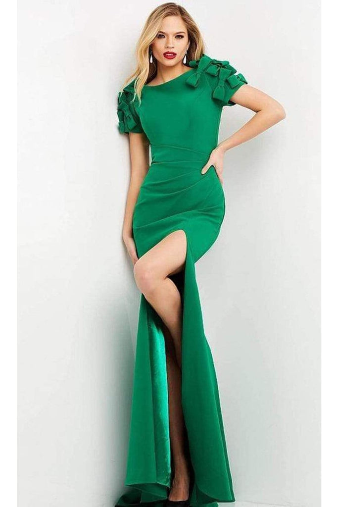 Jovani 07011 - Bateau Neck Dress with Modest Slit - Emerald / 00 - Prom