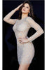 Jovani 07254 Sheer Long Sleeve Beaded Mini Bodycon Dress - IVORY/NUDE / 00