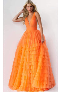 Jovani 07264 - Plus Size Tulle Gown with Shirr-Ornate Details - Orange / 00 - Prom