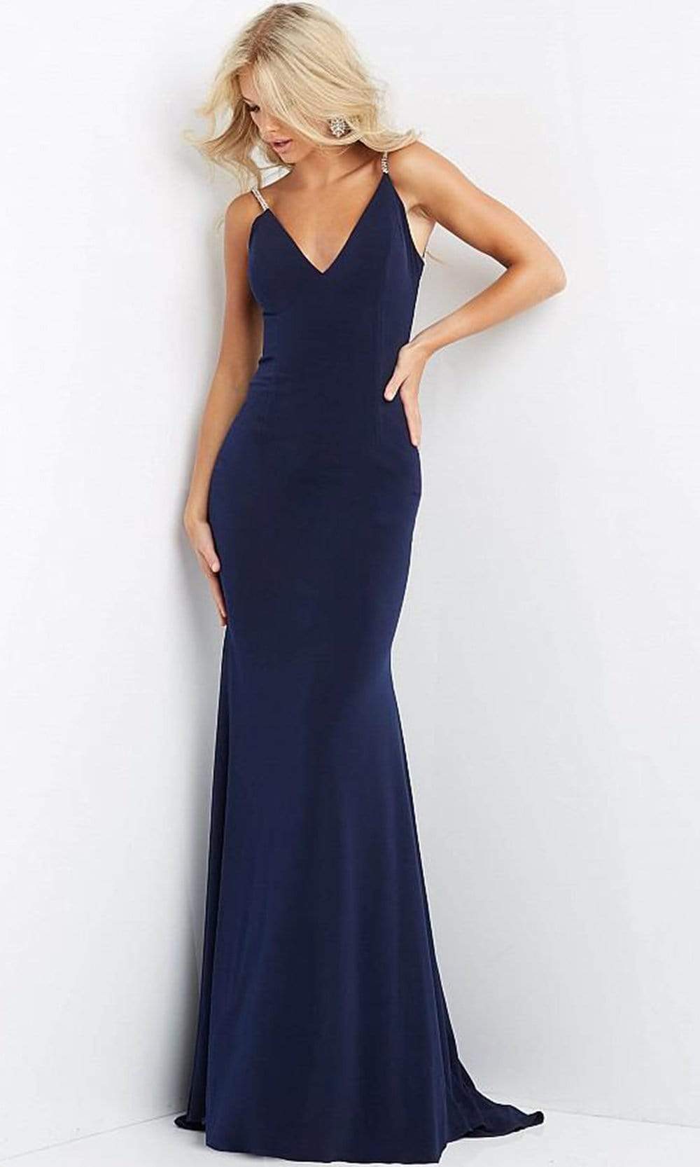 Jovani 07297 Plus Size Trumpet Dress with Plunging V-Neck for Prom - Navy / 00 - Prom