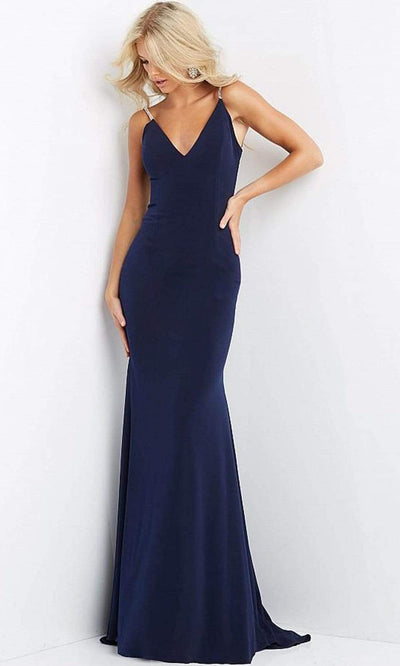 Jovani 07297 Plus Size Trumpet Dress with Plunging V-Neck for Prom - Navy / 00 - Prom