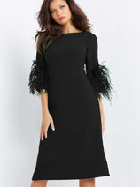 Jovani 07341 - Chic Feather-Fringed Quarter Sleeve Dress