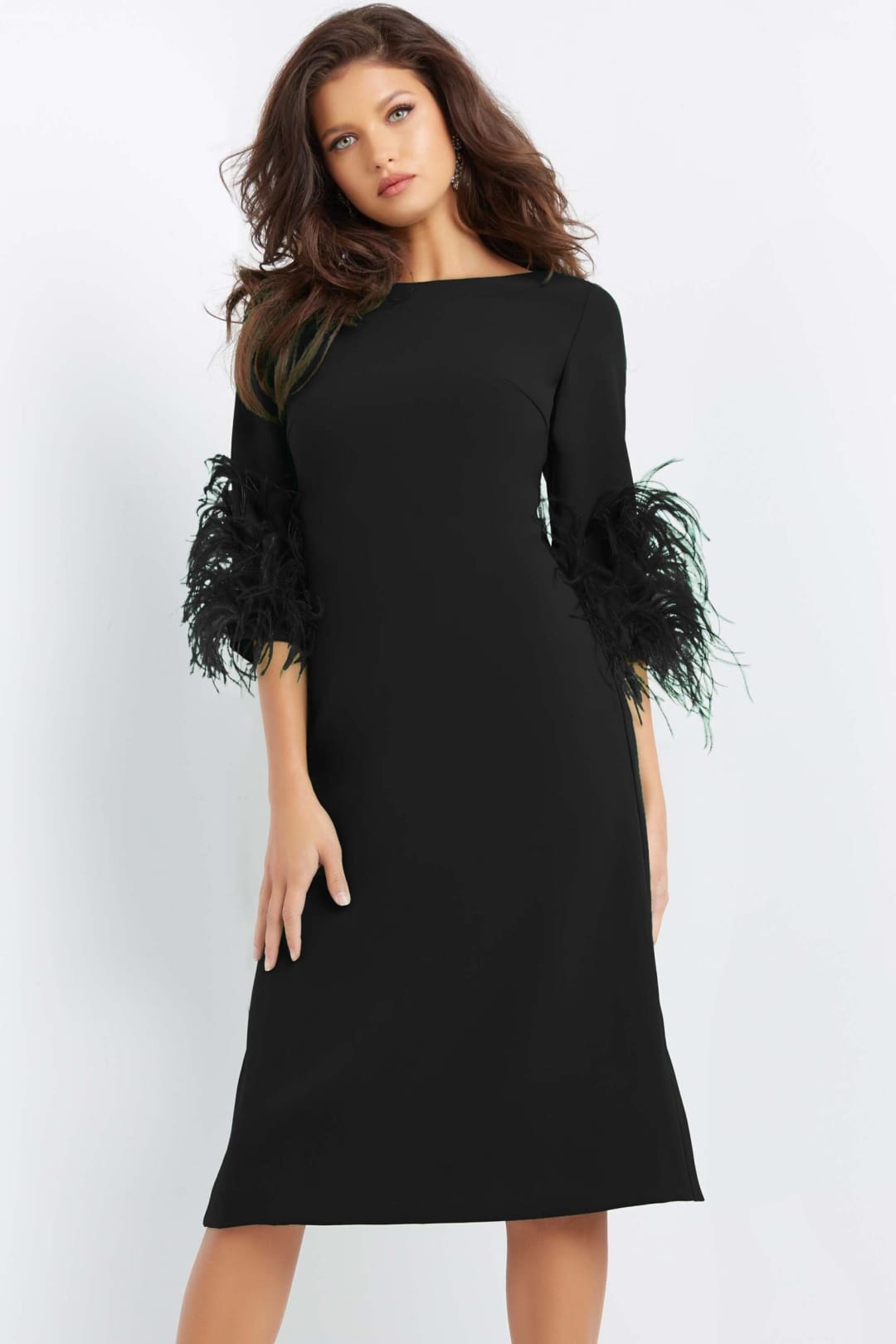 Jovani 07341 - Chic Feather-Fringed Quarter Sleeve Dress - Prom