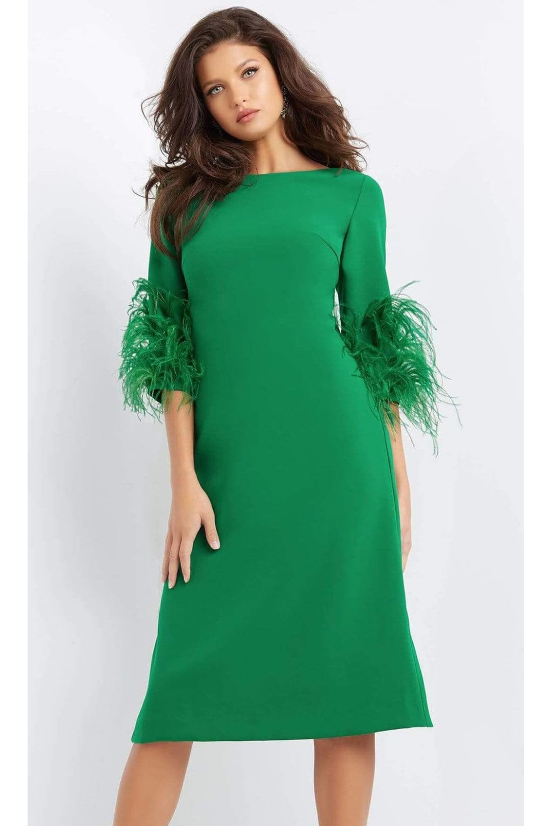 Jovani 07341 - Chic Feather-Fringed Quarter Sleeve Dress - Prom