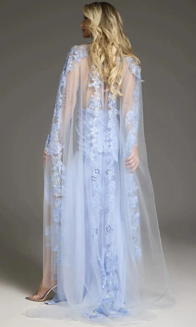 V-Neck Cape Gown with Floral Applique by Jovani