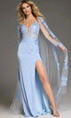 V-Neck Cape Gown with Floral Applique by Jovani
