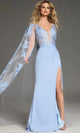 V-Neck Cape Gown with Floral Applique by Jovani