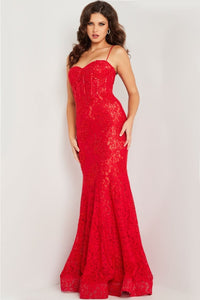 Jovani 07499 Dainty Strap Heat Set Stone Corset Mermaid Evening Gown - RED / 00 Dress