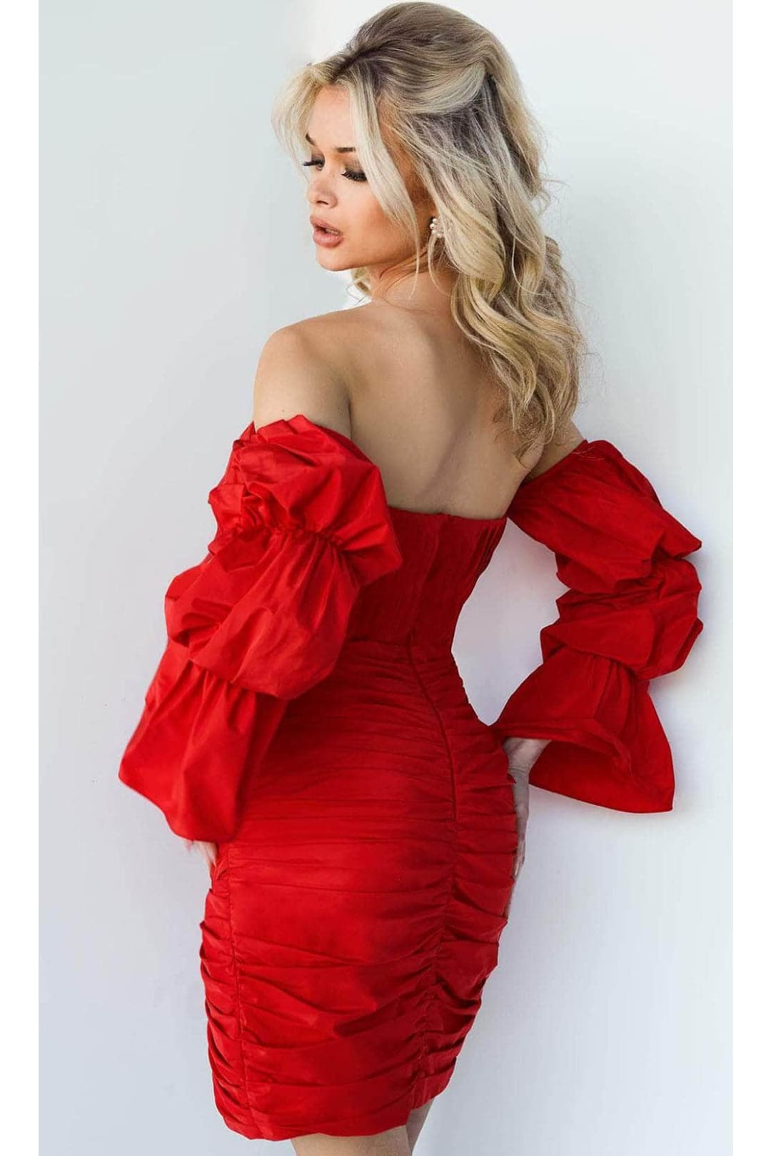 Jovani 07558 - Off-Shoulder Ruched Cocktail Dress - Red / 00 - Prom