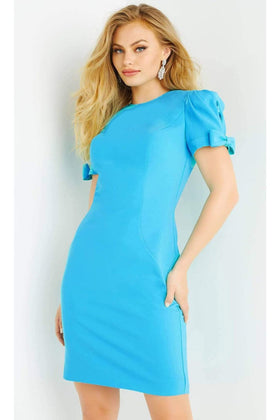 Sheath Dress with Bow Cutout and Puff Sleeves by Jovani 07602