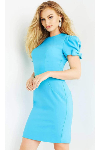 Jovani 07602 - Bow Cutout Puff Sleeve Sheath Dress - Turquoise / 00 - Prom