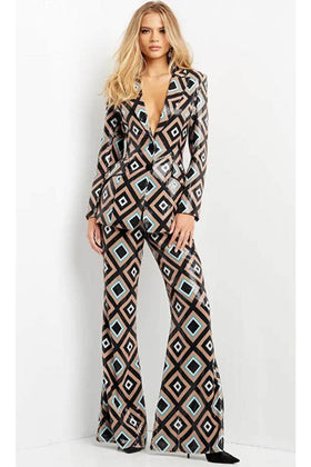 Jovani 07921 Long Sleeve Print Sequin Pantsuit with Plunging V-Neck
