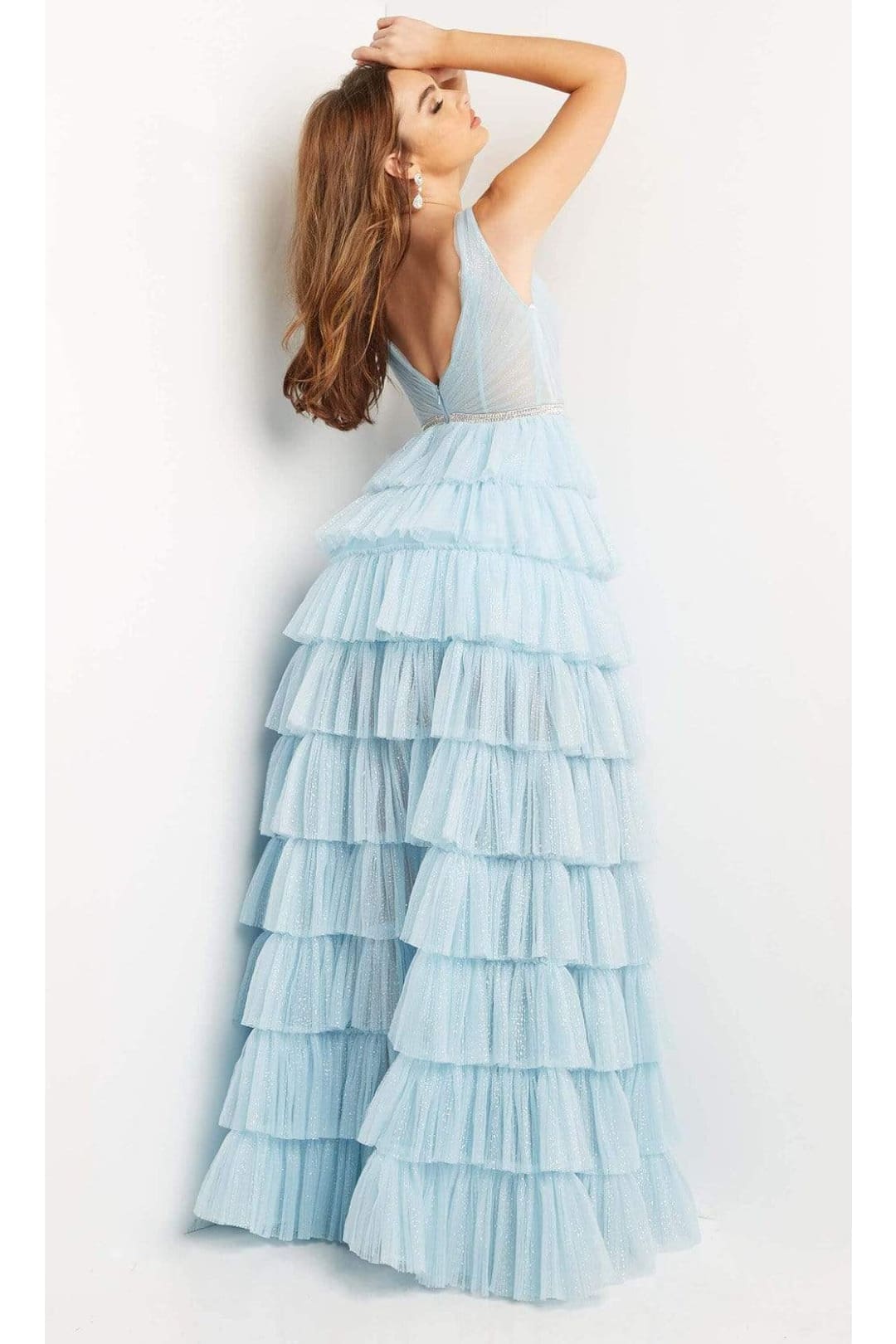 Jovani 07998 - Layered A-Line Dress with Surplice V-Neck - Sky-Blue / 00 - Prom