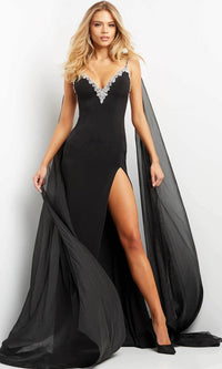 Jovani 08022 - Sheer Cape Backless Evening Dress