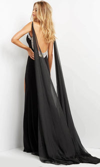 Jovani 08022 - Sheer Cape Backless Evening Dress