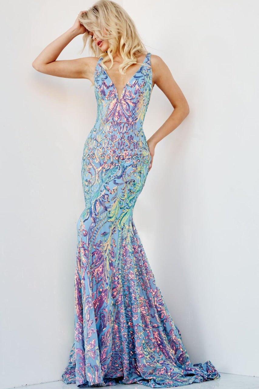 Jovani 08099 Sleeveless Illusion Iridescent Sequin Prom Evening Gown - Dress