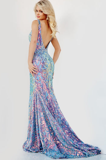 Jovani 08099 Sleeveless Illusion Iridescent Sequin Prom Evening Gown - Dress