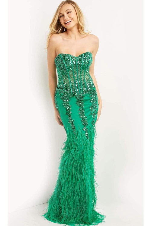 Jovani - 08142 Strapless Corset Feather Gown - Prom