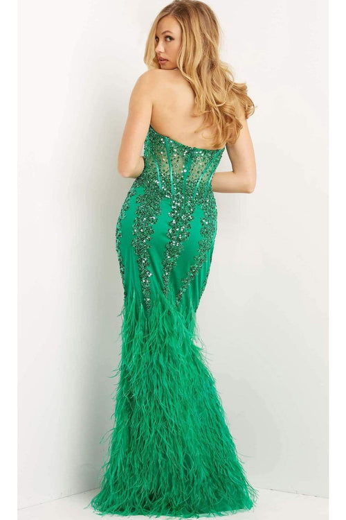 Jovani - 08142 Strapless Corset Feather Gown - Prom