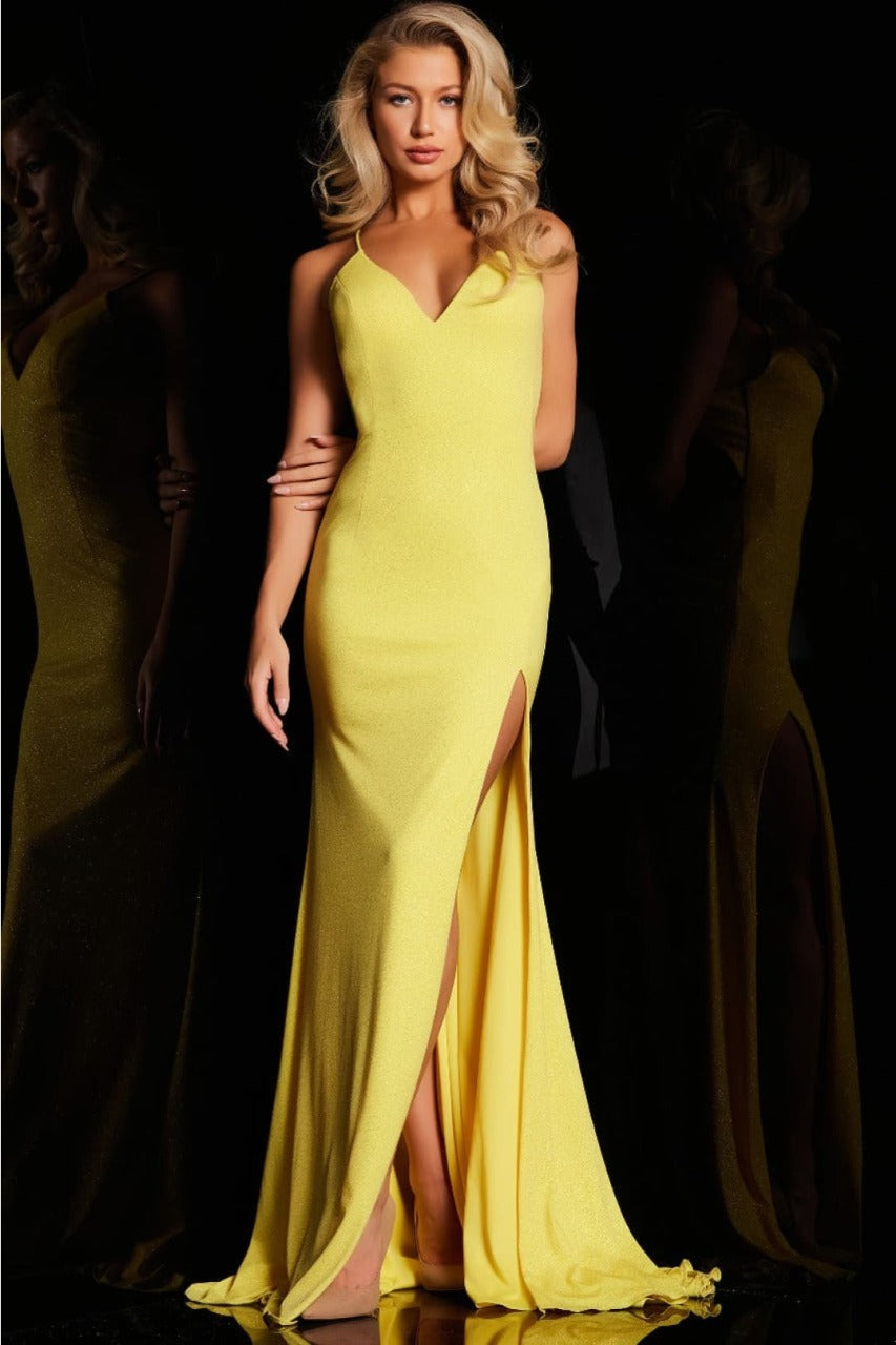 Jovani 08153 Spaghetti Strap Glitter Jersey Lace Up Back Prom Gown - YELLOW / 00 Dress