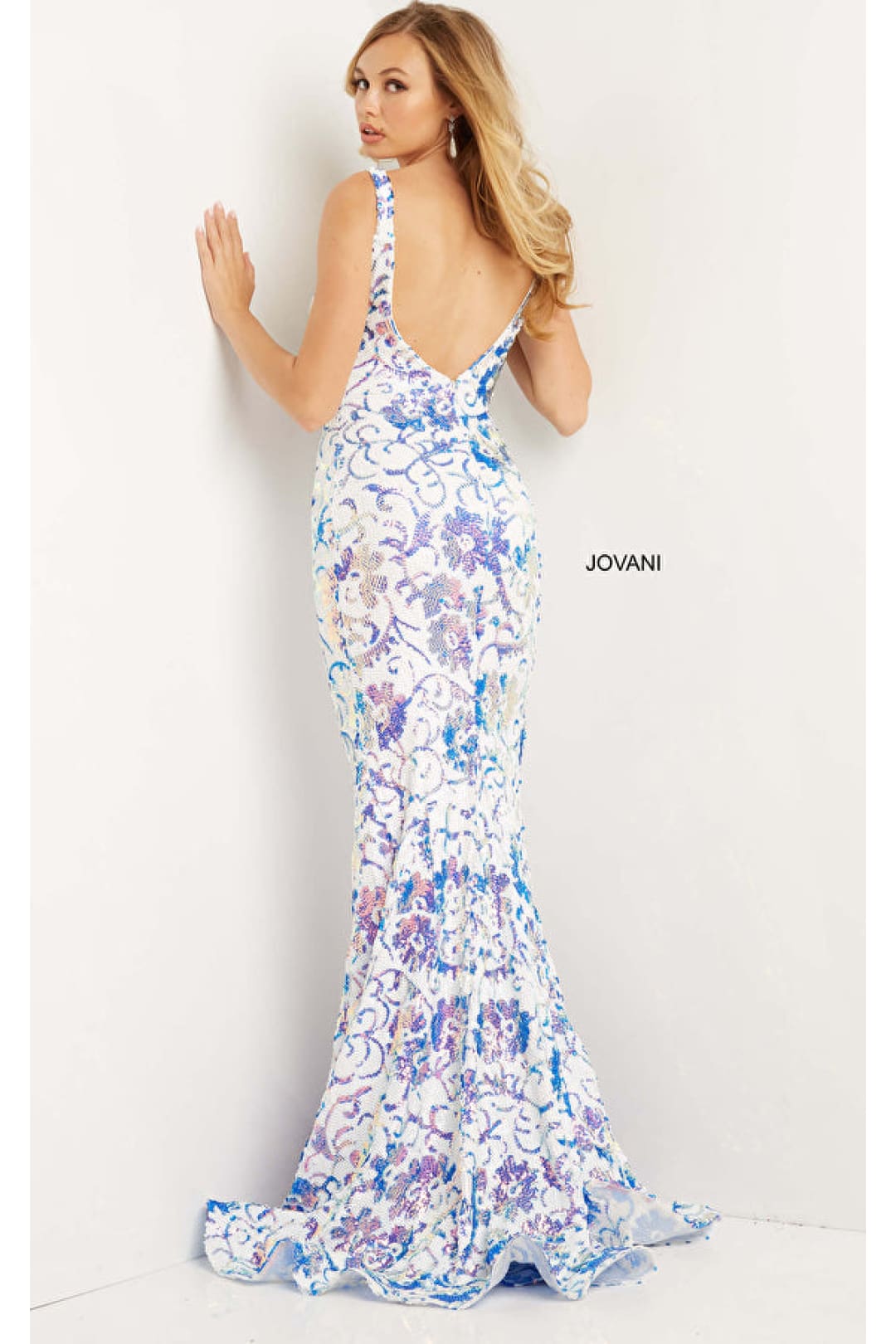 Jovani 08257 Floral Sequin Fitted Scoop Back Mermaid Evening Gown - Dress