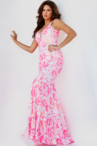 Jovani 08257 Floral Sequin Fitted Scoop Back Mermaid Evening Gown - IVORY/HOT PINK / 00 - Dress