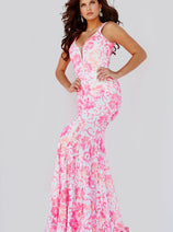 Jovani 08257 Sequin Prom Dress with Floral Print