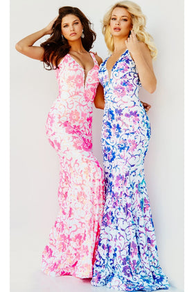 Jovani 08257 Sequin Prom Dress with Floral Print