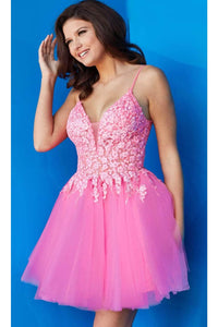 Jovani 08273 A-Line Cocktail Dress with Floral V-Neck Design - Prom