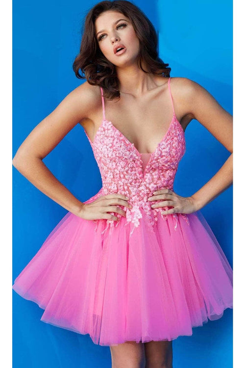 Jovani 08273 Floral Fit & Flare Short Hoco Dress - HOT PINK / 00