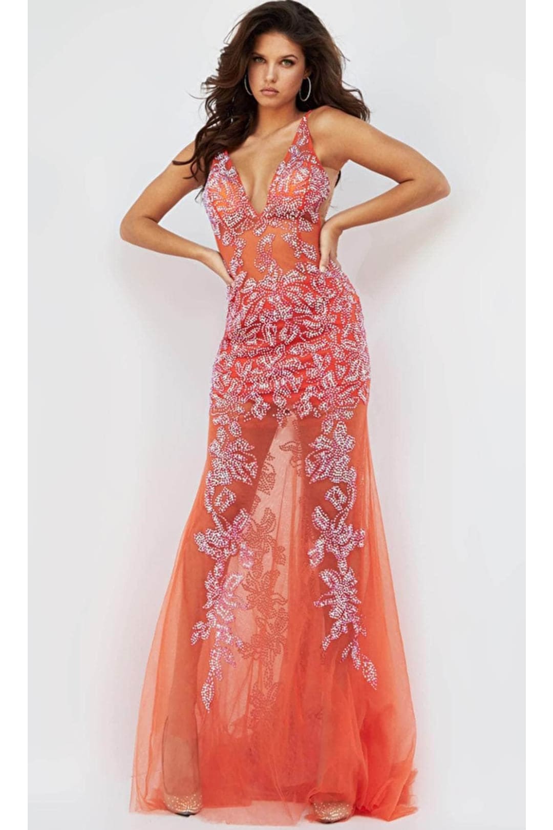 Jovani 08275 - Evening Dress with Illusion Beading - Tangerine / 00 - Prom