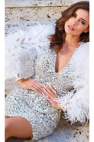 Jovani - 08306 Long Sleeve After Prom Dress with Feathers - Prom