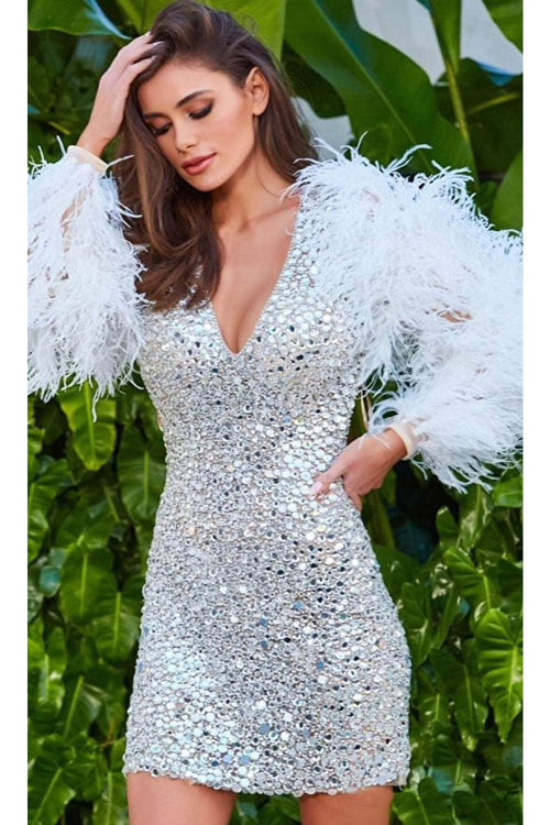 Jovani - 08306 Long Sleeve After Prom Dress with Feathers - Prom