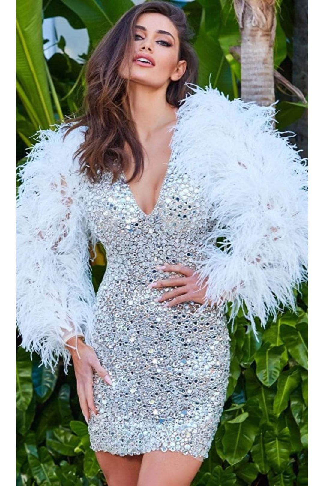 Jovani - 08306 Long Sleeve After Prom Dress with Feathers - Nude/Off White / 00 - Prom