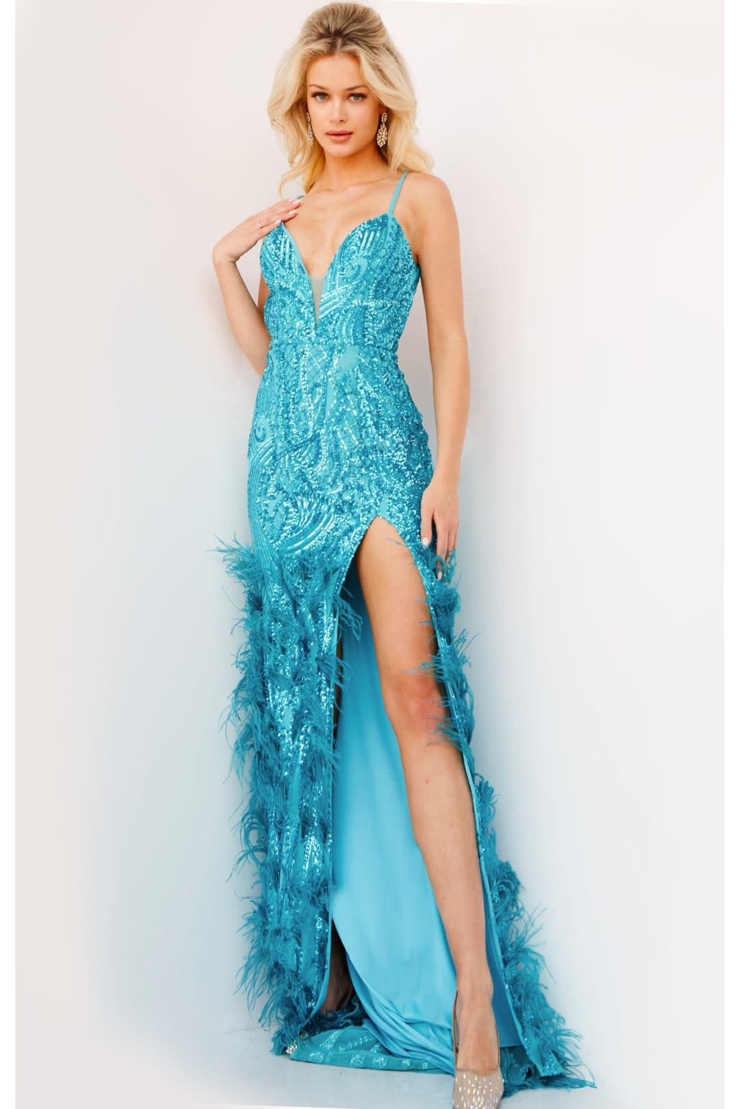 Jovani 08340 Spaghetti Strap Sequin Feather Red Carpet Evening Dress - Dress