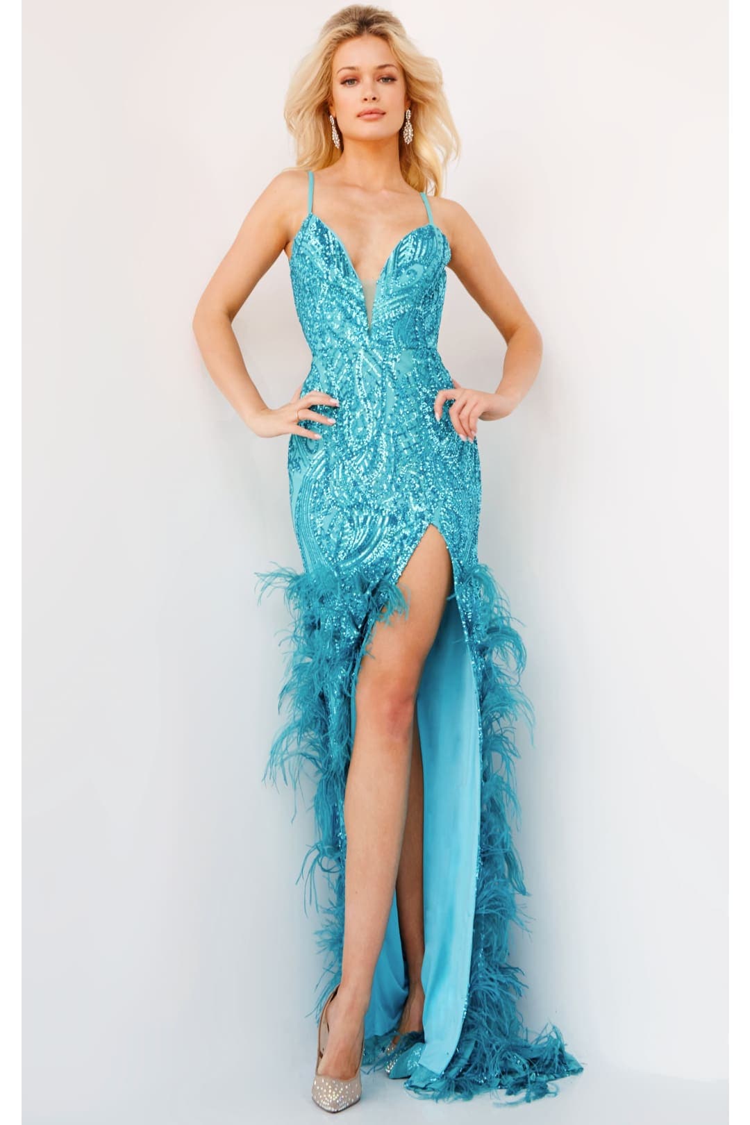 Jovani 08340 Spaghetti Strap Sequin Feather Red Carpet Evening Dress - TURQUOISE / 00 - Dress