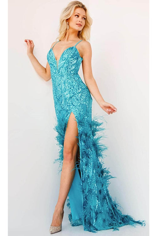 Jovani 08340 - V-Neck Evening Gown with Sequins - Turquoise / 00 - Prom