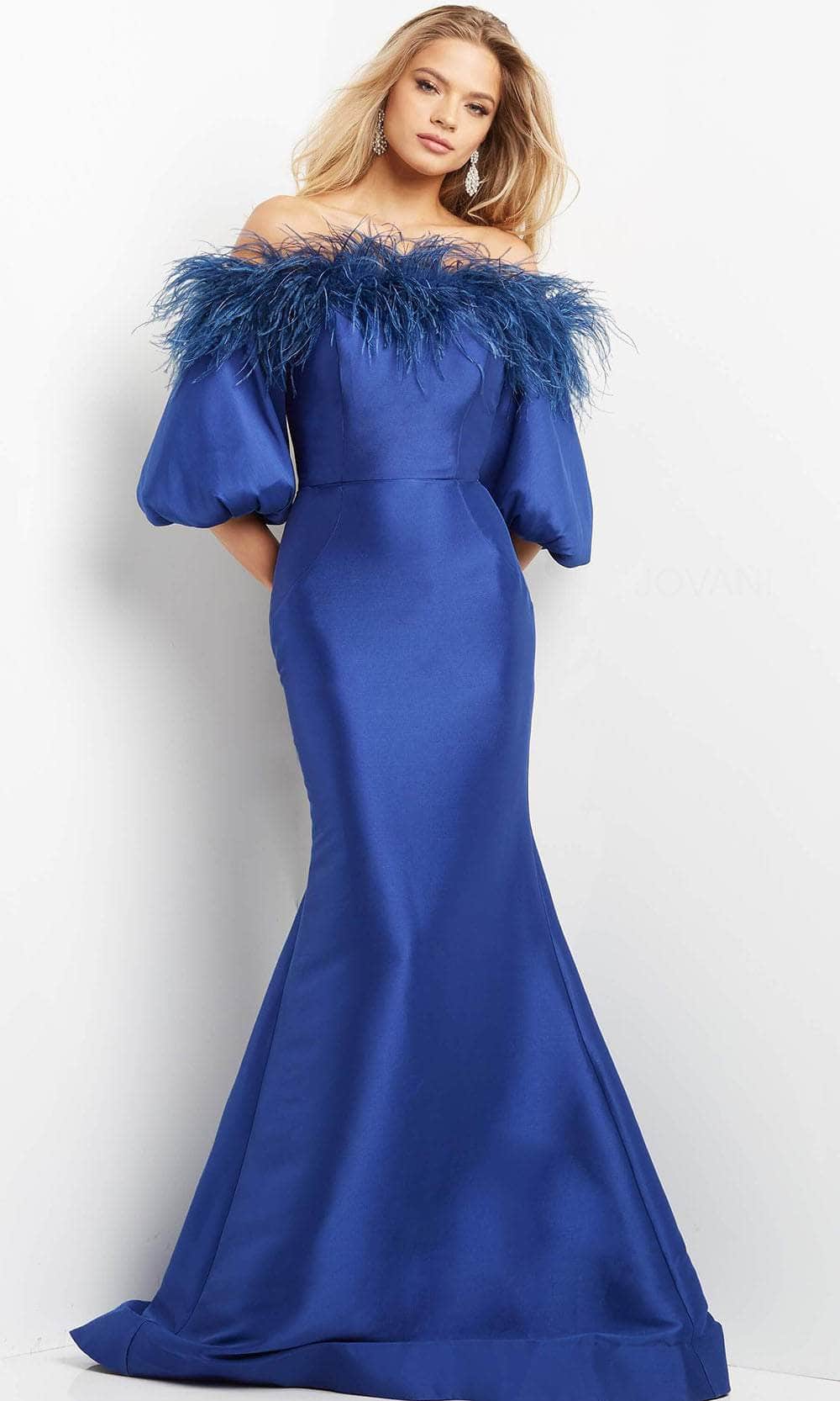 Jovani 08356 - Feather-Trimmed Mermaid Evening Gown - Prom