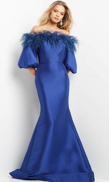 Jovani 08356 - Feather-Trimmed Mermaid Evening Gown - Prom