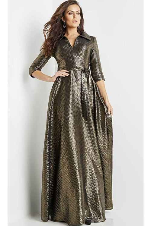 Jovani - 08388 A-Line Evening Gown with Long Sleeves - Bronze / 00 - Prom