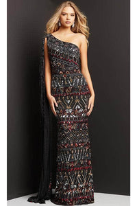 Jovani 08450 - Long Dress with Asymmetric Hem and Shoulder Cape - Prom