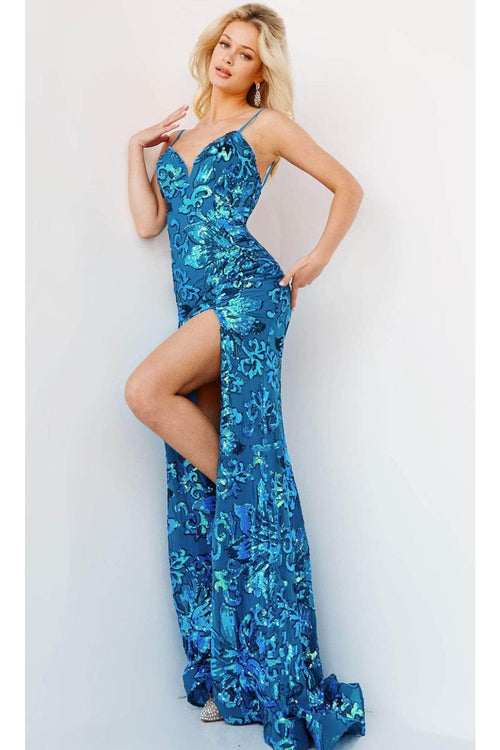 Jovani 08459 Fitted Floral Sequin Appliqued V Neck Long Evening Dress - ROYAL / 00 - Dress